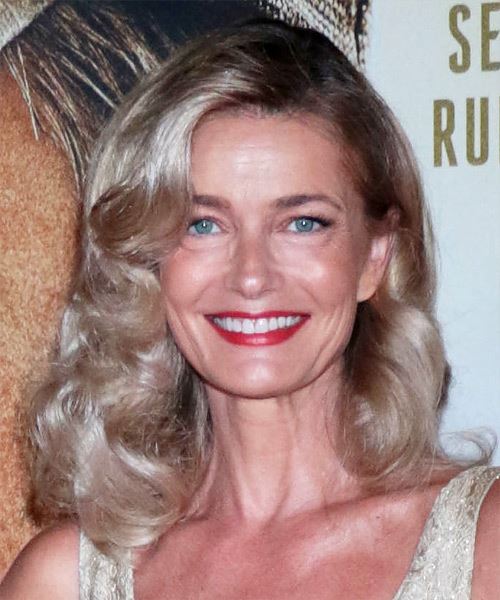 Paulina Porizkova Long Curly    Grey   Hairstyle with Side Swept Bangs  and Light Grey Highlights