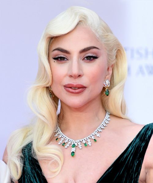 Lady Gaga Long Wavy   White   Hairstyle with Side Swept Bangs