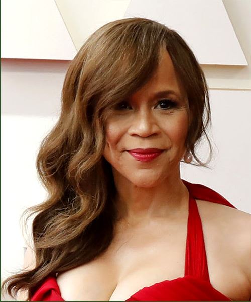 Rosie Perez Long Wavy    Brunette   Hairstyle with Side Swept Bangs  and Light Brunette Highlights