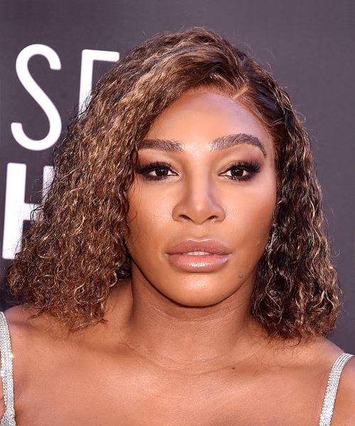 Serena Williams Medium Curly Layered  Dark Brunette Bob  Haircut with Side Swept Bangs  and  Blonde Highlights