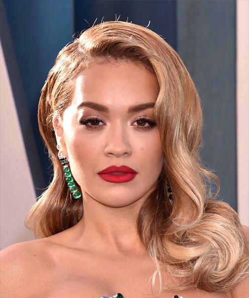 Rita Ora Long Wavy    Brunette   Hairstyle with Side Swept Bangs  and  Blonde Highlights