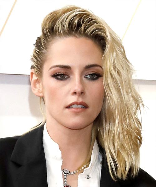 Kristen Stewart Long Wavy   Light Brunette   Hairstyle with Side Swept Bangs  and Light Blonde Highlights