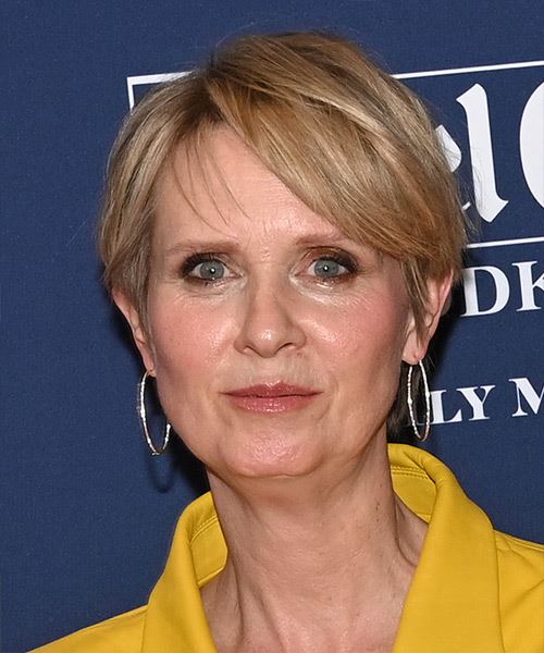 Cynthia Nixon   Layered  Light Brunette Pixie  Haircut   with  Blonde Highlights