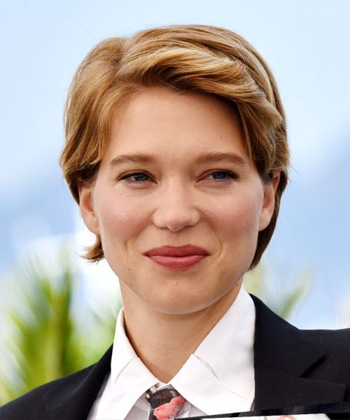 Lea Seydoux     Light Red Pixie  Cut with Side Swept Bangs  and  Blonde Highlights