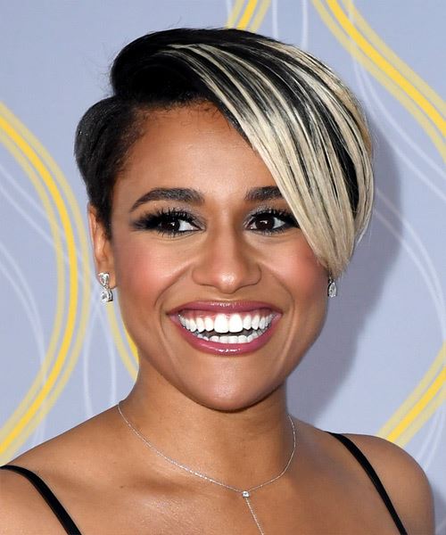 Ariana DeBose     Black  Pixie  Cut with Side Swept Bangs  and Light Blonde Highlights