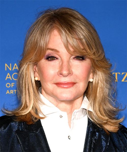 Deidre Hall Medium Straight    Brunette   Hairstyle with Side Swept Bangs  and  Blonde Highlights
