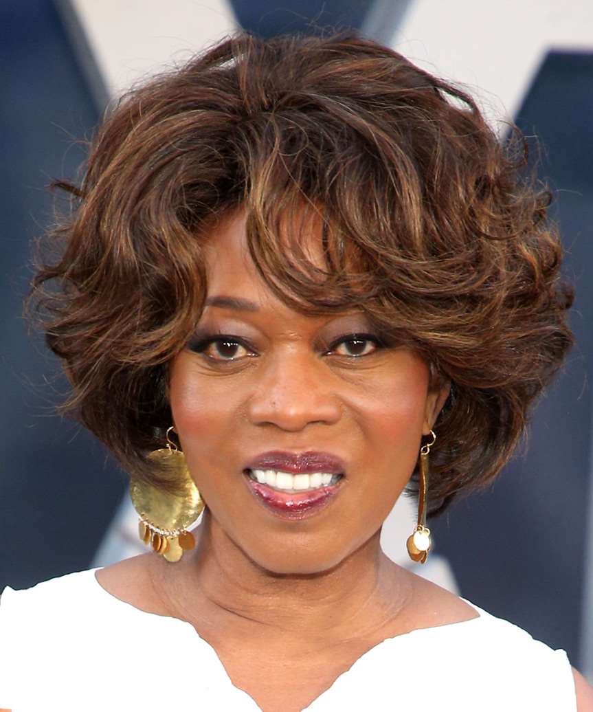 Alfre Woodard Medium Wavy Layered   Brunette Bob  Haircut   with  Blonde Highlights