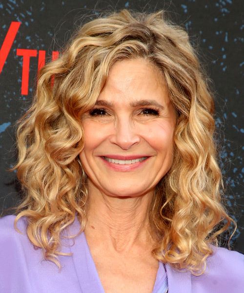 Kyra Sedgwick Long Curly Layered  Light Brunette Bob  Haircut   with Light Blonde Highlights