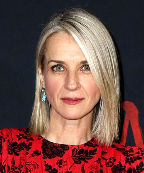 Ever Carradine Medium Straight   Light Blonde Bob  Haircut with Side Swept Bangs  and Light Grey Highlights