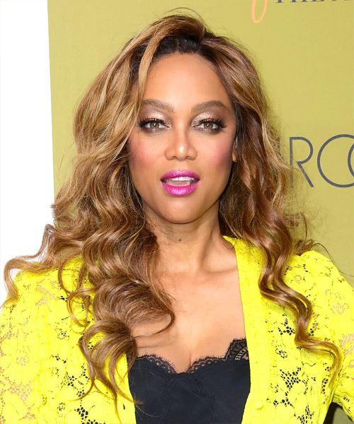 Tyra Banks Wavy   Golden with Side Swept Bangs  and  Brunette Highlights