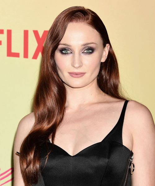 Sophie Turner Long Cherry Red Waves With Side Swept Bangs