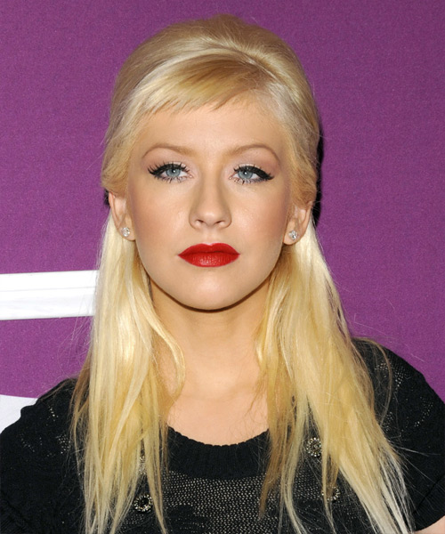 Christina Aguilera Long Straight Half Up Hairstyle with Side Swept Bangs