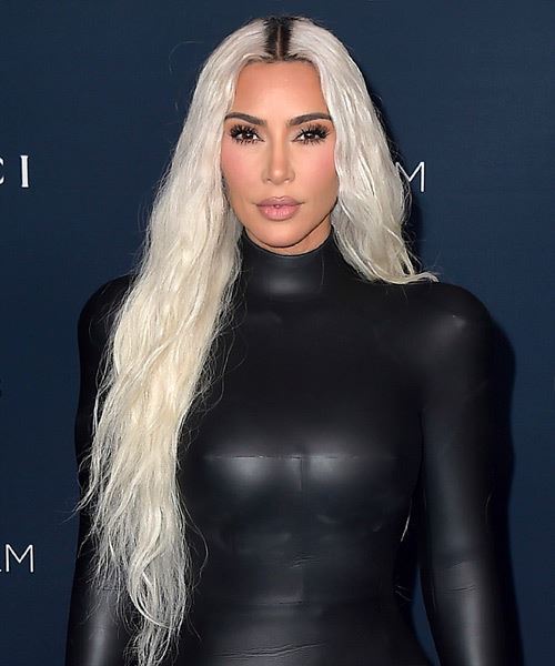 Kim Kardashian Long White Hairstyle With Subtle Curls