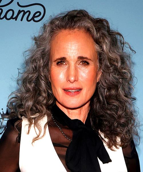 Andie MacDowell Long Grey Hairstyle With Corkscrew Curls