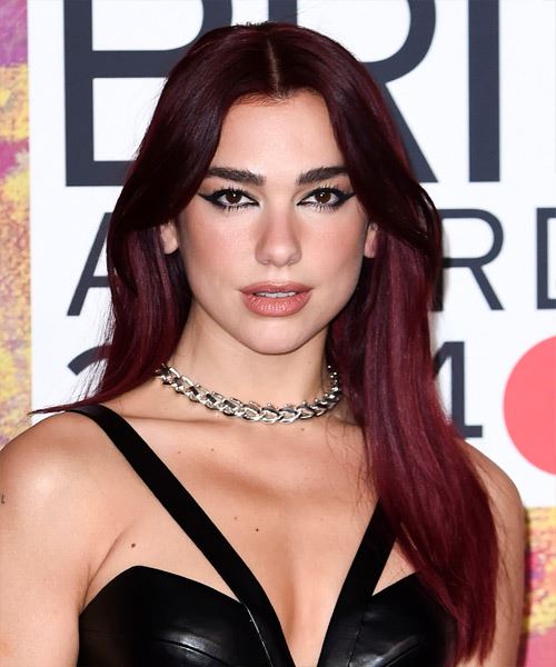 Dua Lipa Long Dark Red Hairstyle With Curtain Bangs - side view