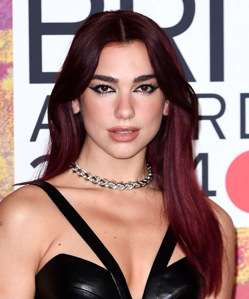Dua Lipa Long Dark Red Hairstyle With Curtain Bangs