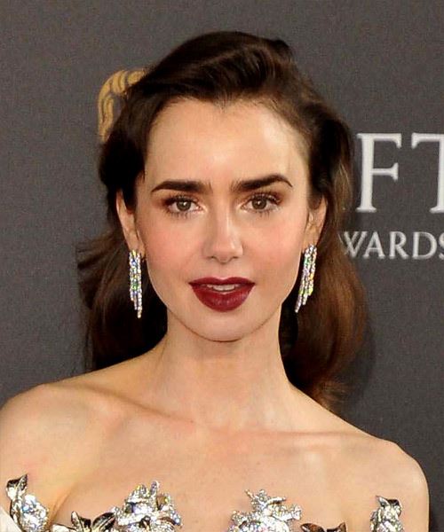 Lily Collins Hairstyle With Gentle Quiff And Subtle Curls