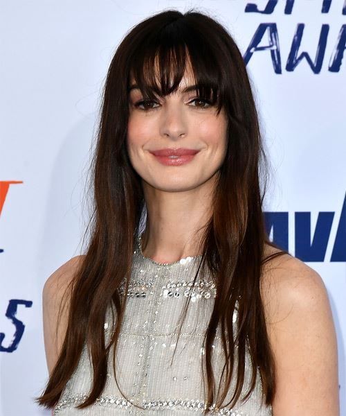 Anne Hathaway Long Natural Hairstyle With Classic Bangs