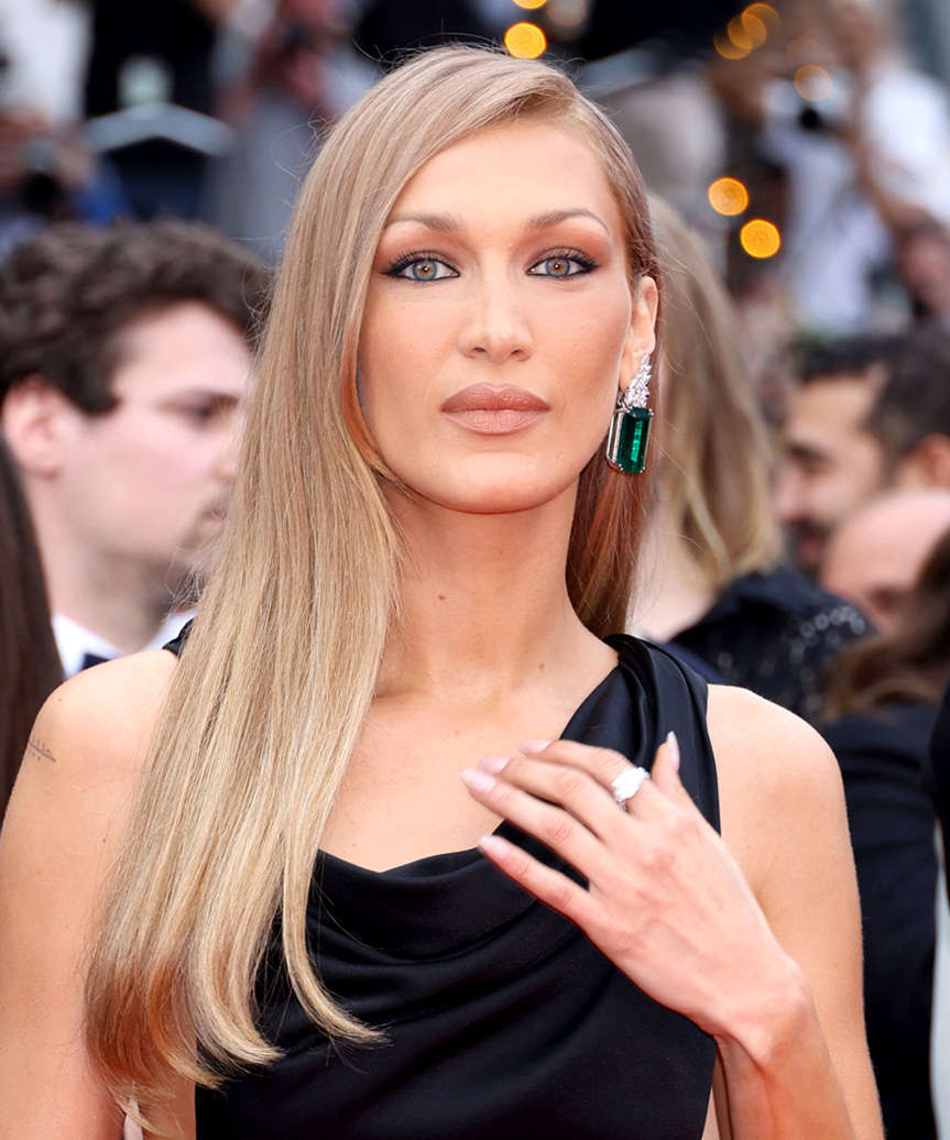 Bella Hadid Long Straight Hairstyle With Side Part