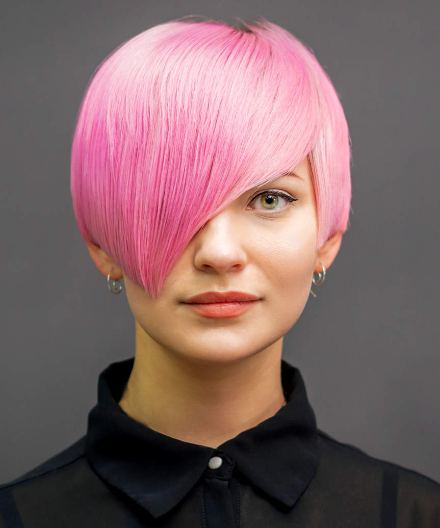 Short Pink Emo Bob Haircut With Asymmetrical Bangs 