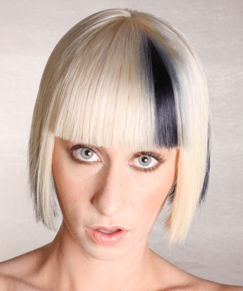 Medium Straight   Light Platinum Blonde Bob  Haircut with Blunt Cut Bangs  and Black Highlights