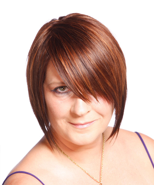 Medium Hairstyle With Angled Layers And Copper Highlights