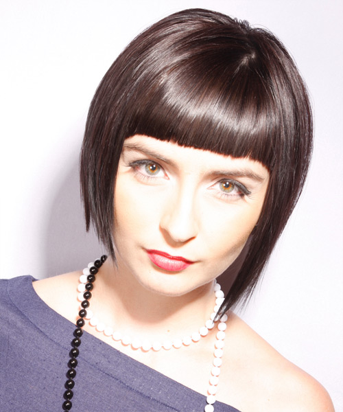 Short Sleek Chocolate Bob Haircut With Blunt Cut Bangs