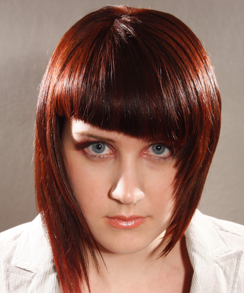 Sleek Mid-Length Red Hairstyle With Angled Bangs
