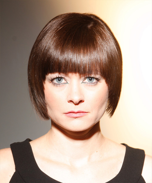 Straight Layered  Light Chestnut Brunette with Blunt Cut Bangs - side view