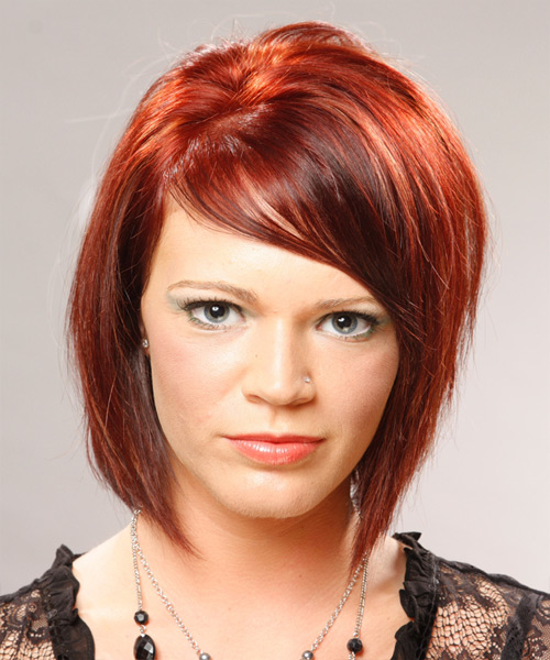 Medium Straight   Light Bright Red Bob  Haircut with Side Swept Bangs