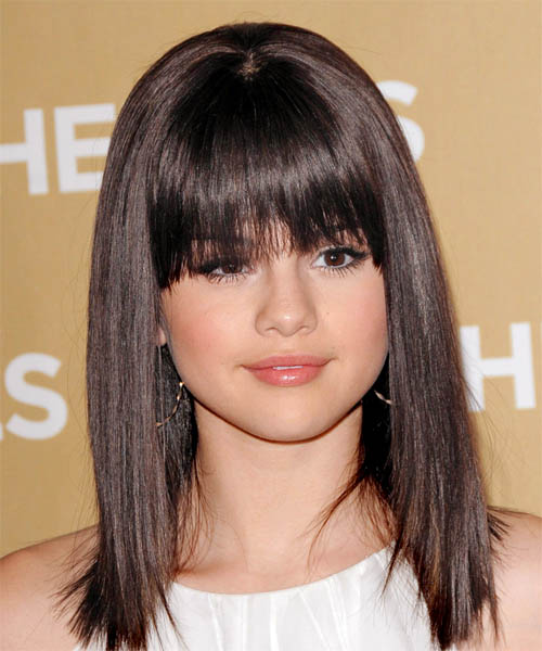 elena Gomez Long Straight Smooth Sleek Hairstyle with Layered Bangs 