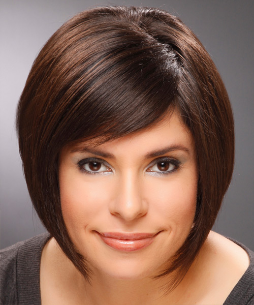 Medium Straight Sleek Bob Hairstyle with Side Swept Bangs - Dark Mocha Brunette Hair Color