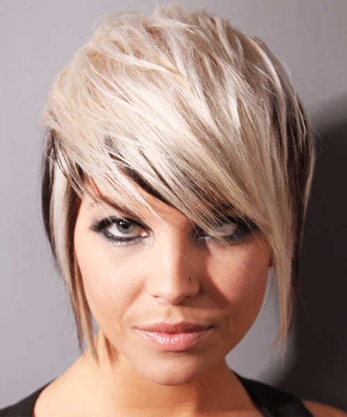  Blonde And Black Hairstyle With Tapered Back And Long Bangs - side view