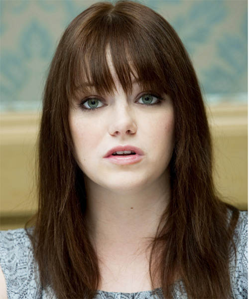 Emma Stone Long Straight Brunette Hairstyle with Layered Bangs