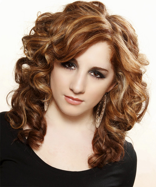 Long Curly    Copper Brunette   Hairstyle with Side Swept Bangs