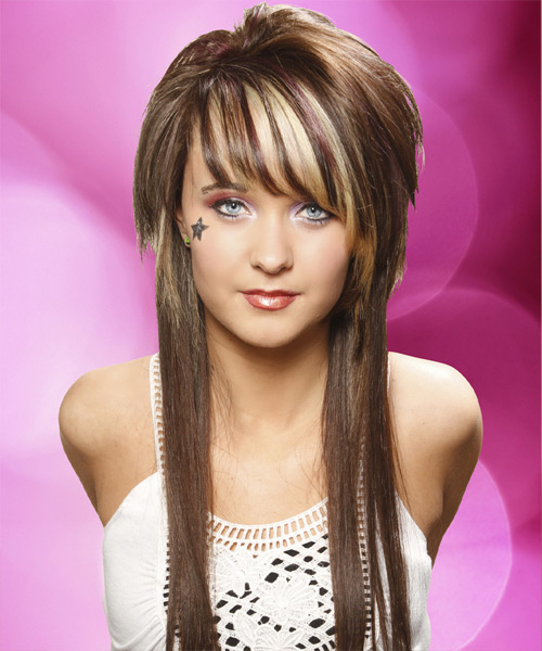 Long Straight    Chocolate Brunette   Hairstyle with Side Swept Bangs  and Light Blonde Highlights