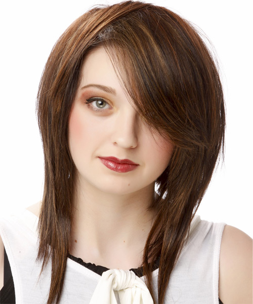 Medium Straight   Dark Chocolate Brunette   Hairstyle with Side Swept Bangs