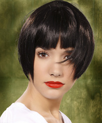 Short Dark Brunette Bob Haircut with Side Swept Bangs and Light ...