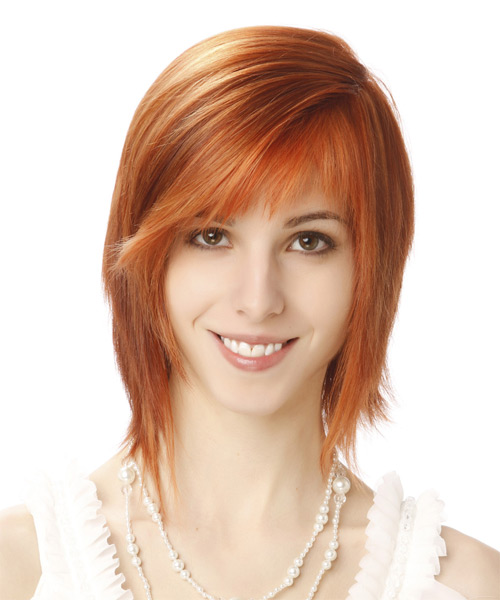 Medium Straight   Light Red   Hairstyle with Side Swept Bangs