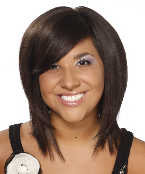 Face framing fall hairstyle with Side Swept Bangs - Dark Chocolate Brunette Hair Color