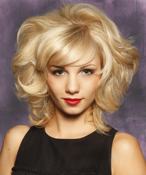  Medium Curly Layered  Light Blonde Bob  Haircut with Side Swept Bangs 
