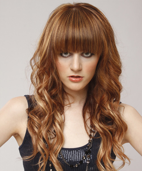Wavy   Light Copper Brunette with Blunt Cut Bangs  and Light Blonde Highlights