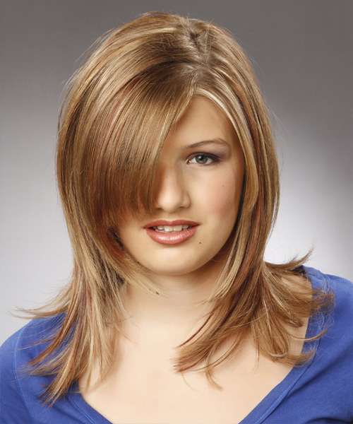 Medium Straight    Champagne Blonde   Hairstyle with Side Swept Bangs