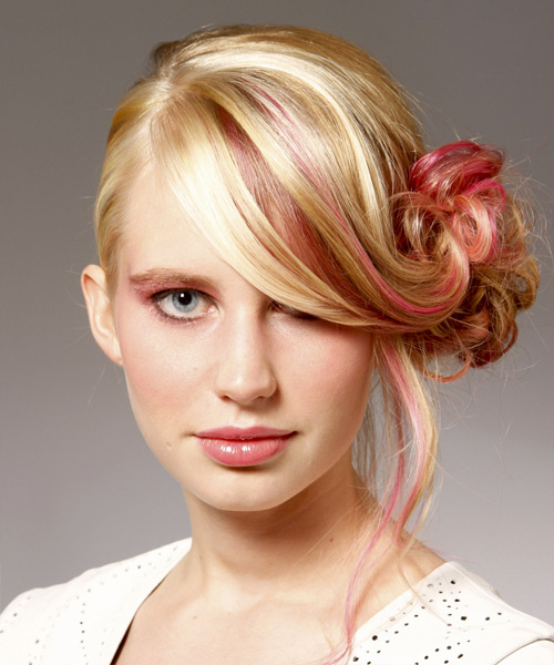 Long Curly   Light Bright Blonde Updo Hairstyle   with Pink Highlights