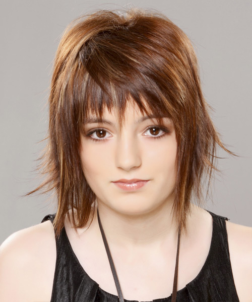 Straight    Chestnut Brunette with Razor Cut Bangs - side view