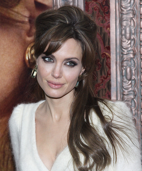 Angelina Jolie Long Straight    Brunette  Half Up Half Down with Side Swept Bangs