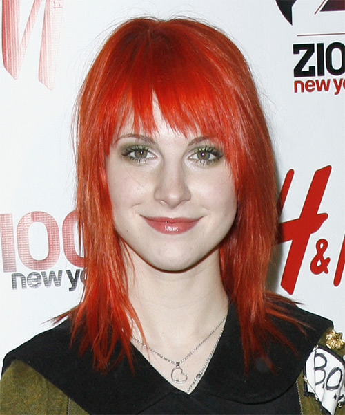 Hayley Williams Medium Straight   Dark Red Shag  Hairstyle with Razor Cut Bangs
