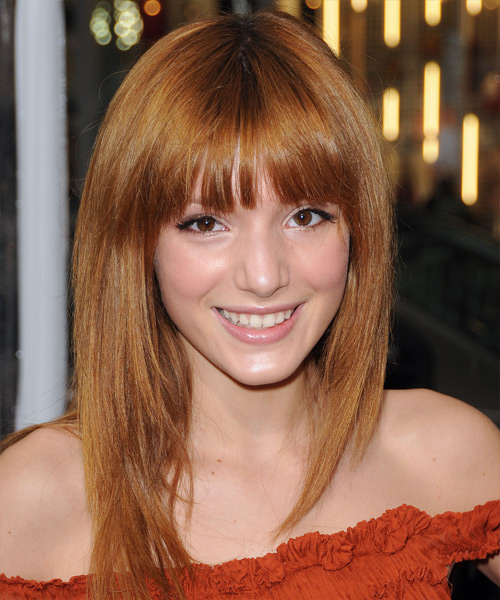 Bella Thorne Long Straight   Light Copper Red   Hairstyle with Blunt Cut Bangs