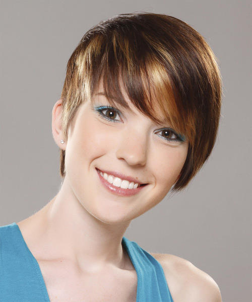 Straight Pixie Hairstyle with Side Swept Bangs - Medium Honey Brunette Hair Color