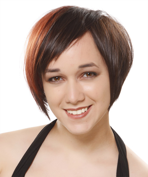      Dark Brunette and Orange Two-Tone Pixie  Cut with Asymmetrical Bangs 